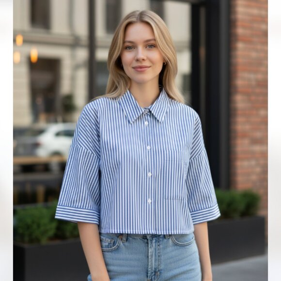 NWOT  ZARA STRIPED QUILTED SHIRT JACKET CROP BLUE WHITE LARGE - Picture 1 of 10